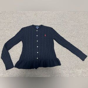 Ralph Lauren Black Cable Knit Sweater Cardigan with Red Logo